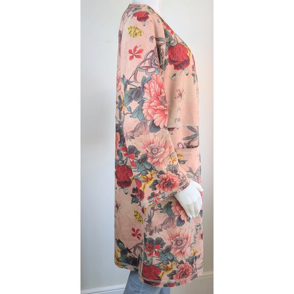 Solitaire Duster Jacket Medium Pink Floral Faux Suede Open Front Pockets Boho - Picture 5 of 12